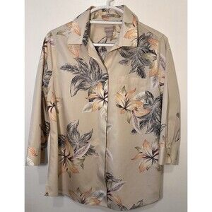 Chico’s Floral Button Front Shirt Size 1 Cotton No Iron Beige Medium